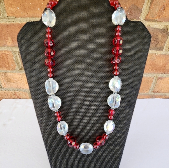 Hand Crafted Necklace Crystal Hematite Glass Beads Clear Red 23" Length - Picture 4 of 8